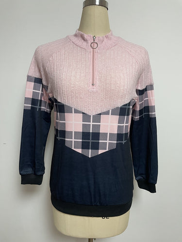 Dame nan blødgribende Sweatpullover med kort lynlås, ståkrave og ternet panel Skovae