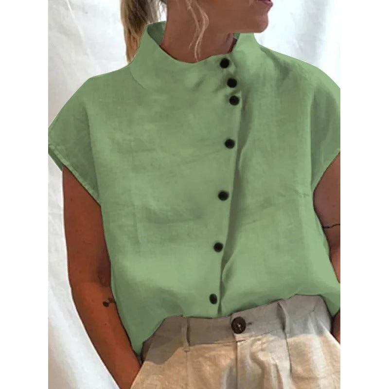 Dame mode kortærmet bluse med ståkrave Stilla