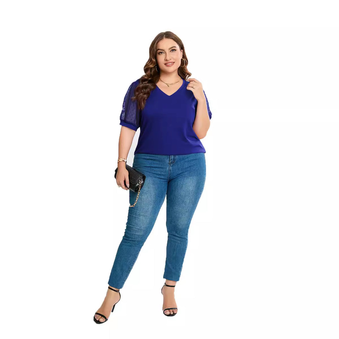 Damer elegant bluse skjorte med gennemsigtige puffærmer og V-hals Skovae