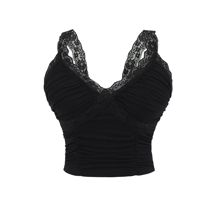 Dame Spaghetti-strop Crop Top med elegant blondekant og raffinerede flæsedetaljer Stilla