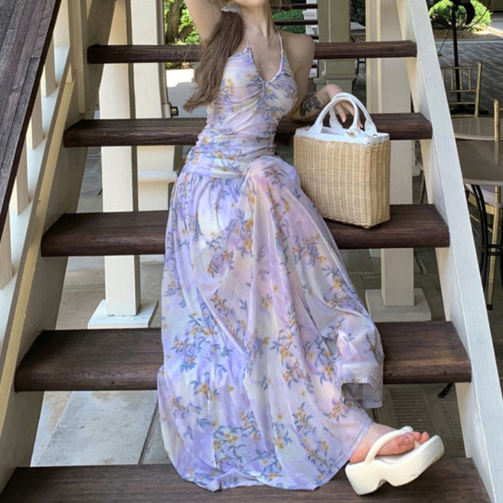 Dame maxikjole med blomsterdesign og elegant stroppeoptik Skovae