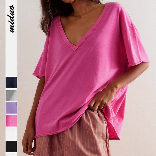 Dame afslappet oversized T-shirt med dyb V-udskæring og fine spidse accenter Stilla
