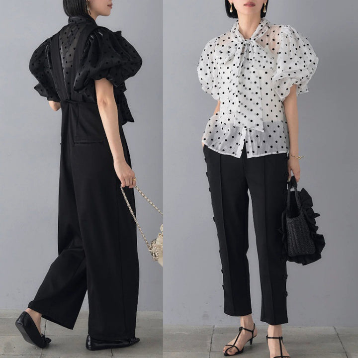 Dame elegant bluse med prikker og puffærmer Stilla