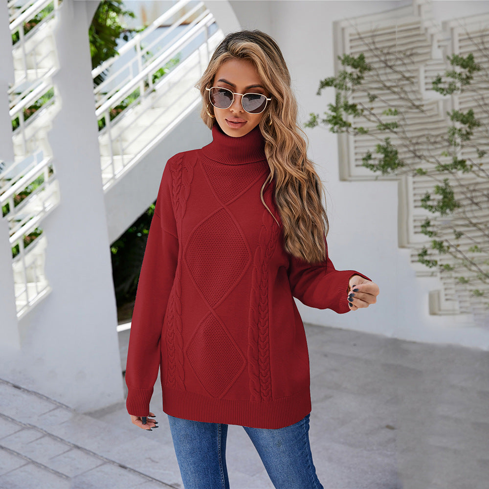 Kvindernes chunky strik sweater med høj krave og kabelmønster Stilla