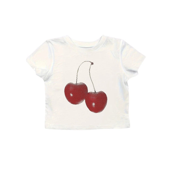 Dame Crop-T-Shirt med muntert kirsebærmotiv Skovae