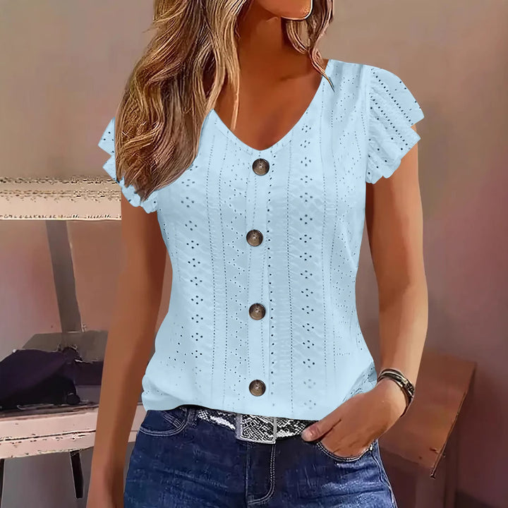 Dame elegant bluse med spisemønster og knapdekoration Skovae