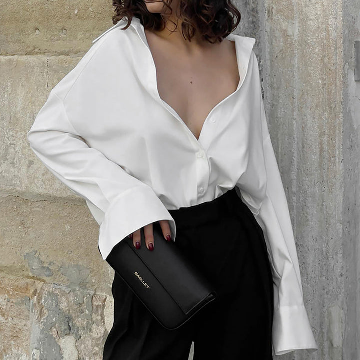 Damer Elegant Oversized Bluse med dyb V-Udskæring og lange Ærmer Stilla
