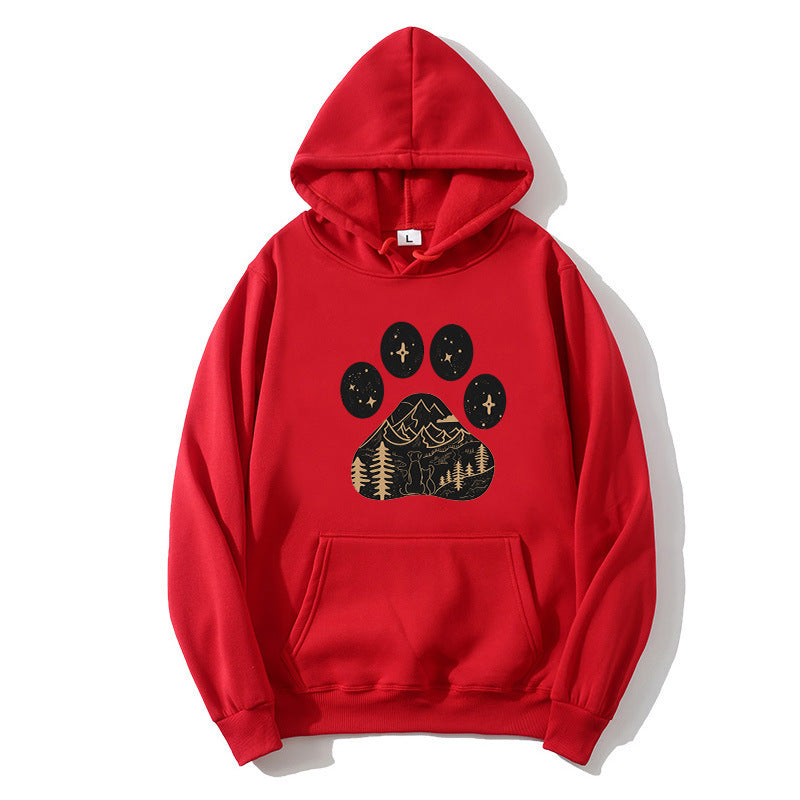 Dame hoodie med kreativ poteprint design og bjerglandskab Skovae