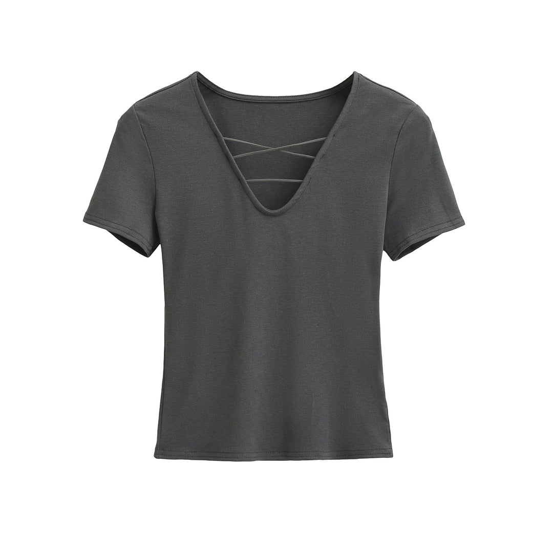 Dame afslappet V-hals T-shirt med unikt rygdesign Stilla