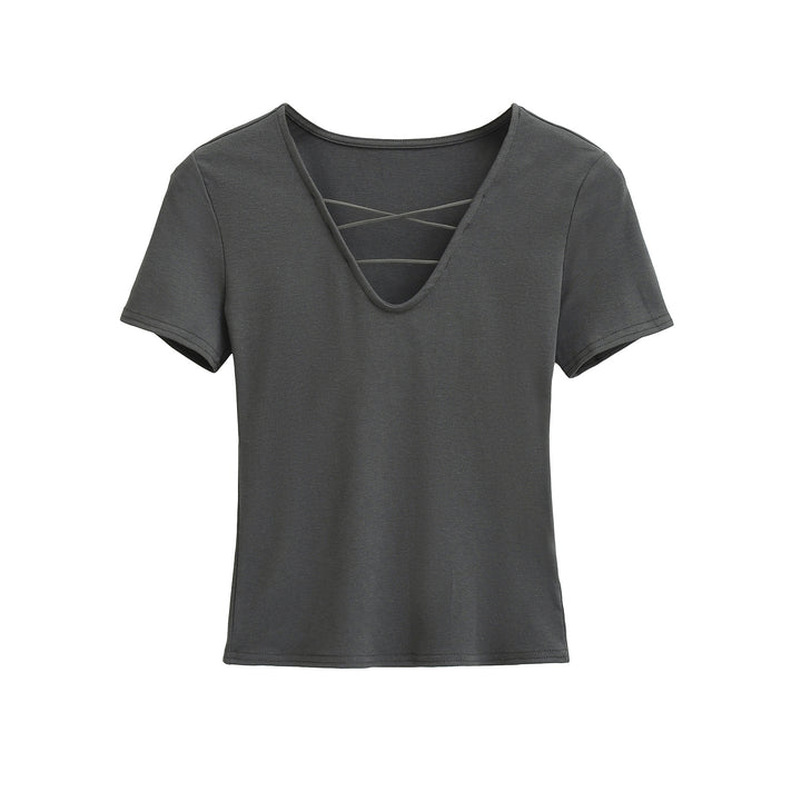 Dame afslappet V-hals T-shirt med unikt rygdesign Stilla