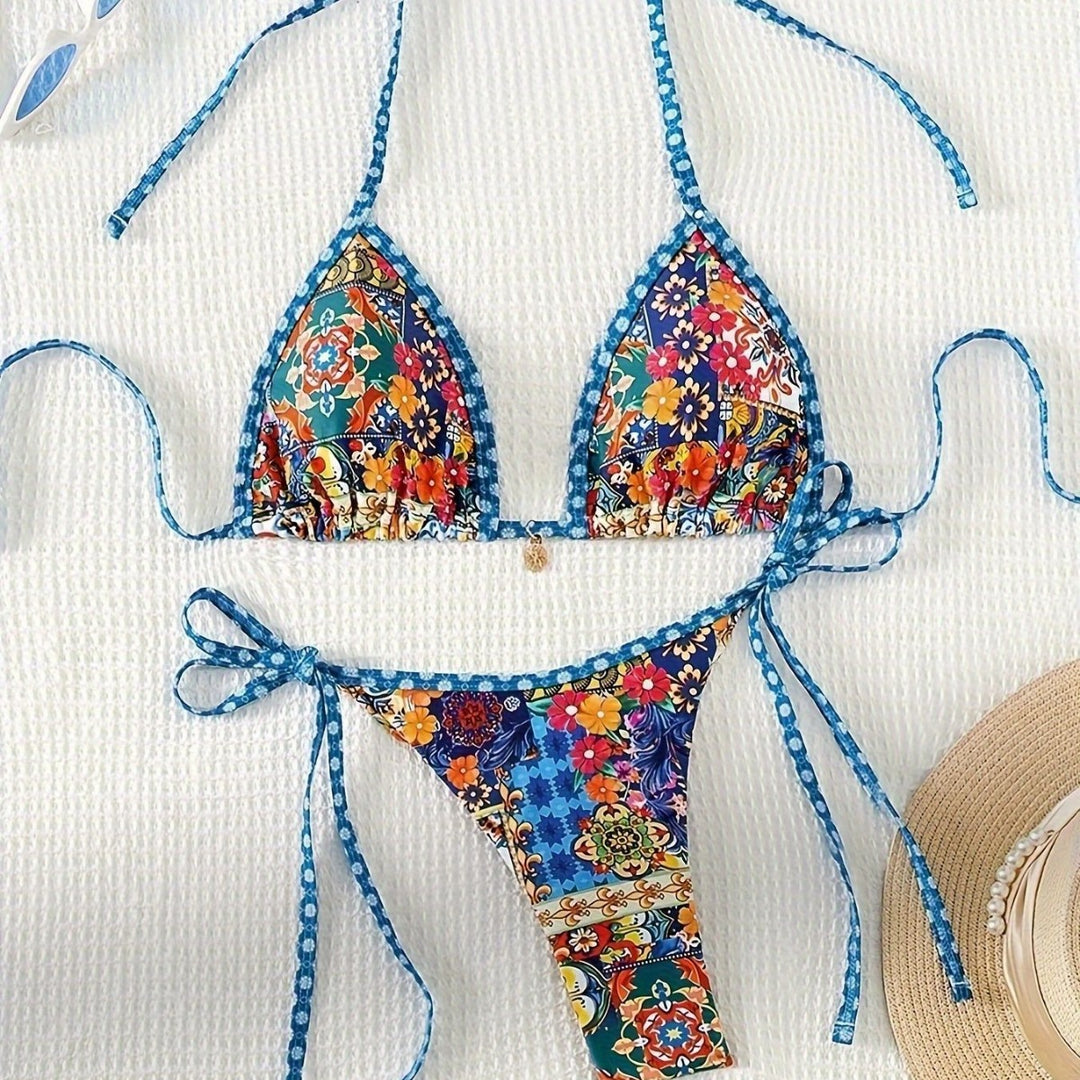 Femme Halsbånd Floral Print Bikini Sæt Stilla