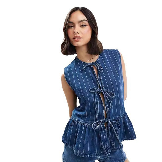 Femme Peplum Denim Vest med Bindebælte Stilla