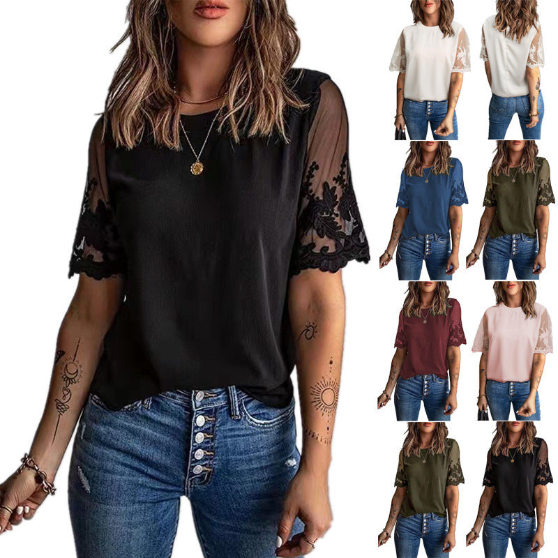 Dame moderigtigt T-shirt med blonder og detaljerige ærmer Stilla