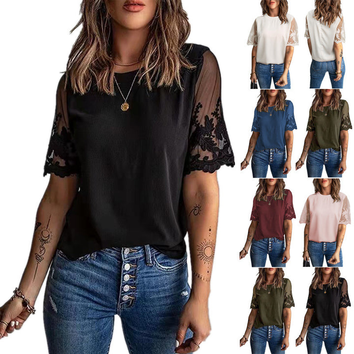 Dame moderigtigt T-shirt med blonder og detaljerige ærmer Stilla