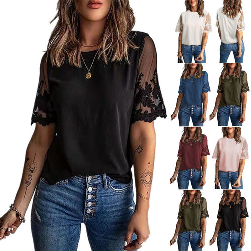 Dame moderigtigt T-shirt med blonder og detaljerige ærmer Stilla