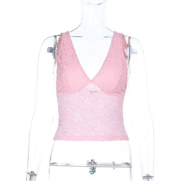 Dame spids crop top med dyb V-udskæring og flæsedesign Skovae