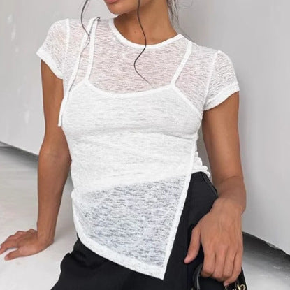 Dame asymmetrisk T-shirt med gennemsigtigt stof og moderigtigt snit Stilla