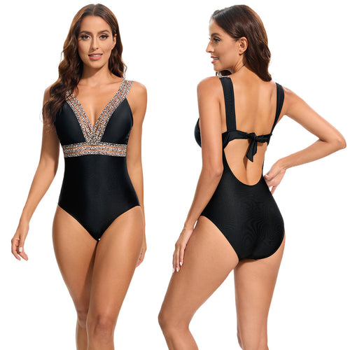 Dame Elegant One-Piece Swimsuit with Deep V-Neck and Sparkling Accents Skovae