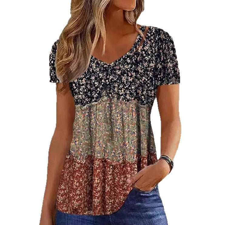 Dame bluse skjorte med floralt patchwork og V-hals Stilla