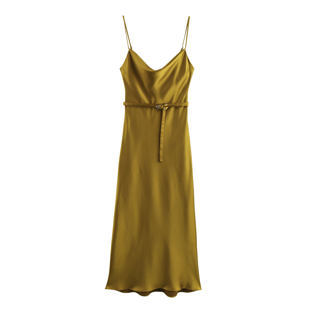 Dame Satin Slip Maxikjole med justerbart taljebælte Stilla