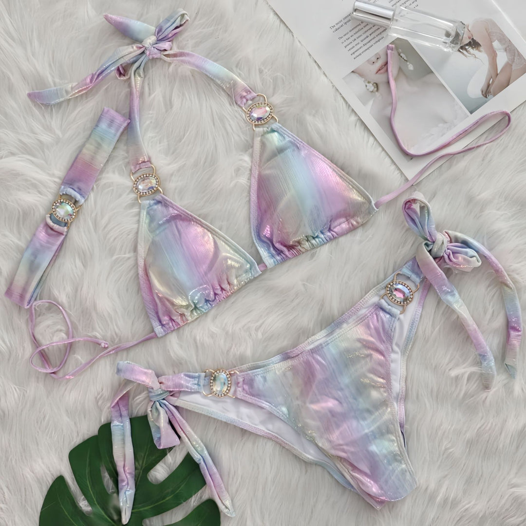 Dame Glinsende Slips-Detalje Triangle Bikini Sæt Stilla
