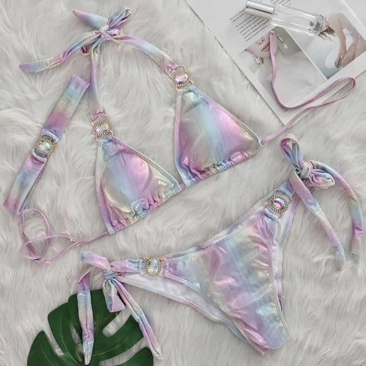 Dame Glinsende Slips-Detalje Triangle Bikini Sæt Stilla
