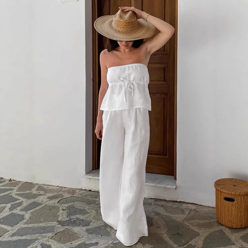 Dame To-delt Linnedress med off-shoulder Top og brede Bukser Stilla