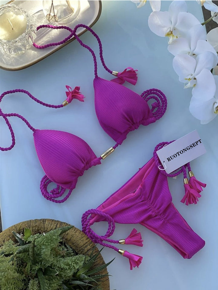 Dame triangel-bikini med moderne leopardmønster og dekorative frynser Skovae