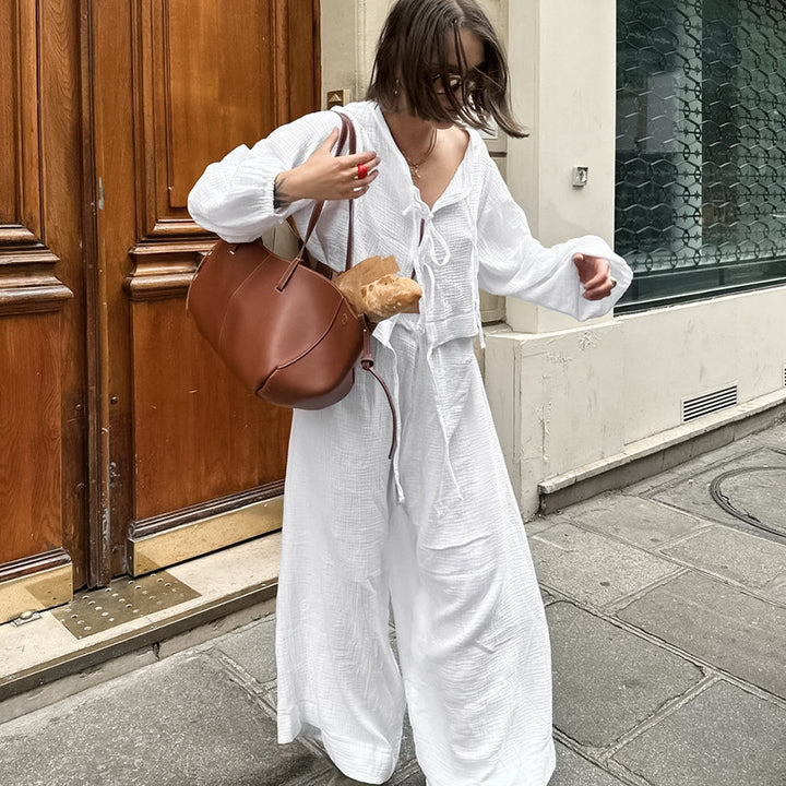 Dame luftig bomulds-jumpsuit med raffineret snor Stilla