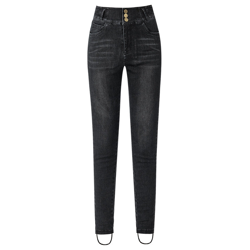 Dame højtaljede jeans med stilfuld knapdetalje og elastisk talje Stilla