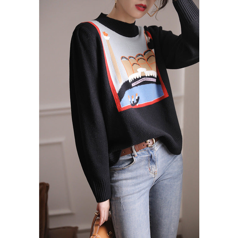 Dame moderigtig pullover med unikt grafisk design Stilla