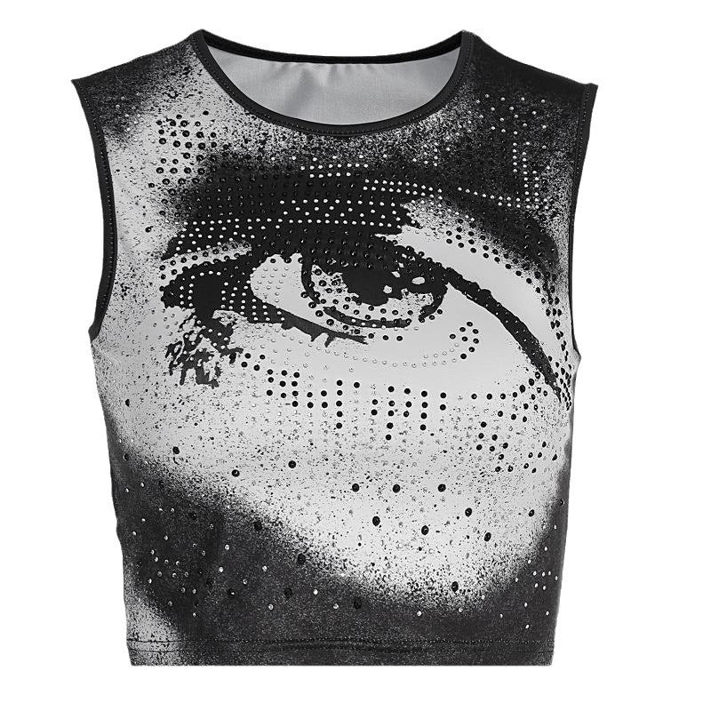 Dame Cropped Tanktop med strålende øjemotiv og glitrende accenter Skovae