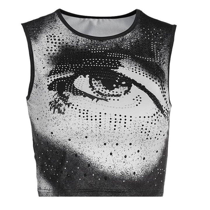 Dame Cropped Tanktop med strålende øjemotiv og glitrende accenter Skovae