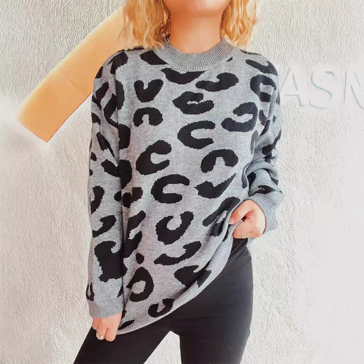 Dame komfortabel oversized pullover med moderne leopardmønster og rund halsudskæring Stilla