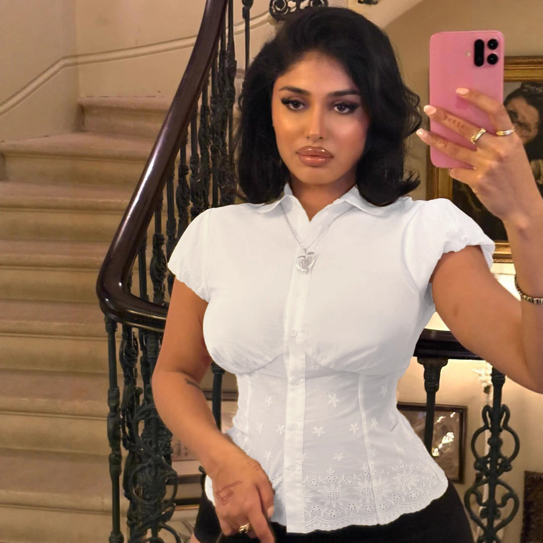Damen elegante Bluse mit floralen Stickereien und gepufften Ärmel Skovae