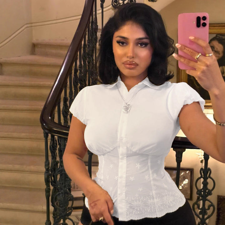 Damen elegante Bluse mit floralen Stickereien und gepufften Ärmel Skovae