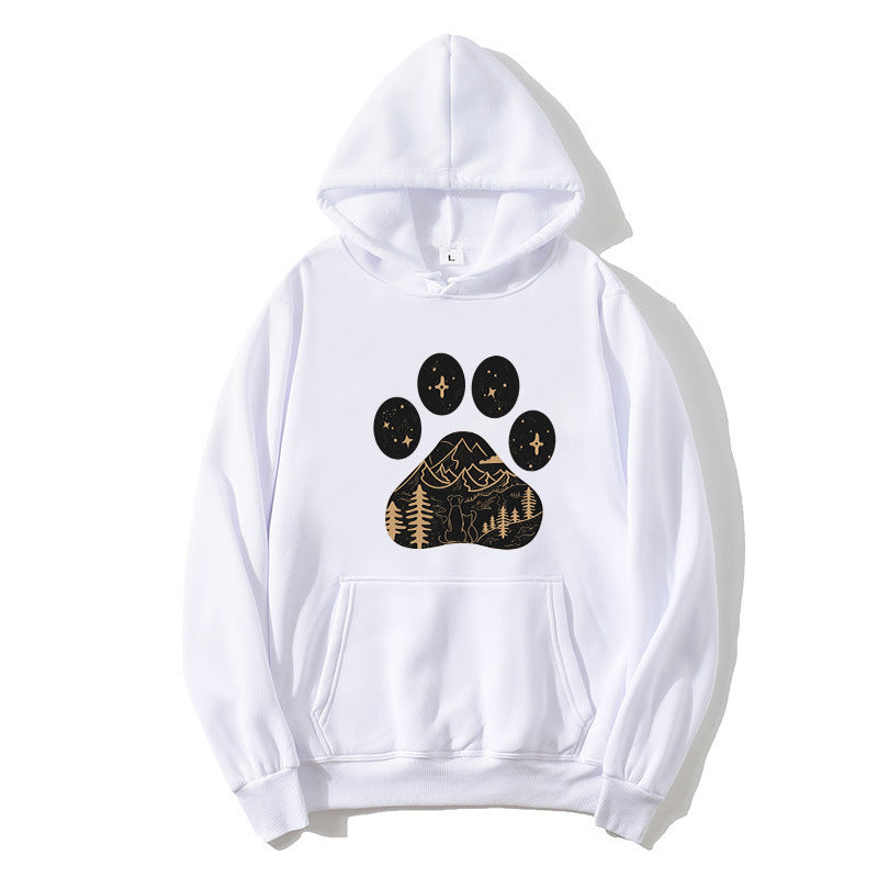 Dame hoodie med kreativ poteprint design og bjerglandskab Skovae