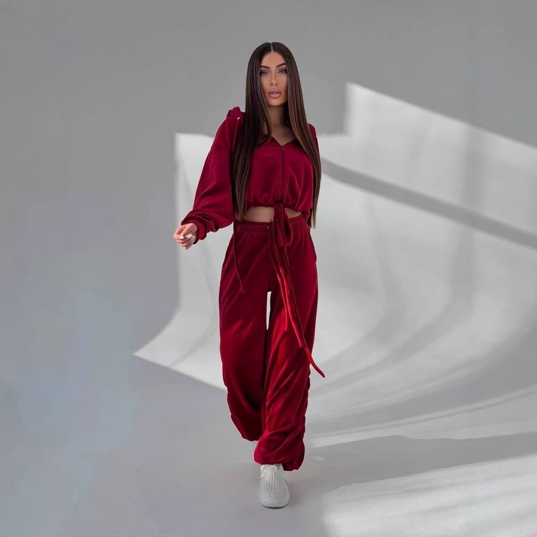 Kvinders Komfortable Lounge Sæt med Casual Crop Hoodie og Bred Bukser Skovae