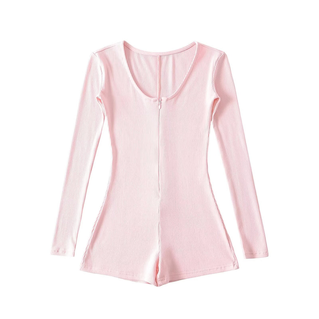 Dame Langærmet Playsuit med dyb Rundhalssnit og praktisk Lynlås Stilla