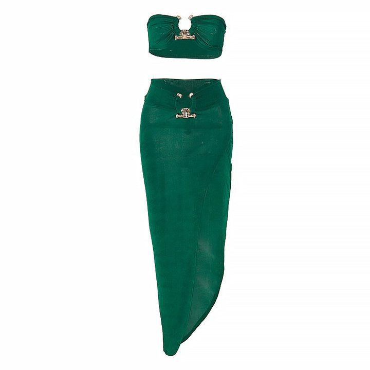 Dame Stilfuld bandeau-top og maxiskørt sæt med høj slids og elegante detaljer Skovae