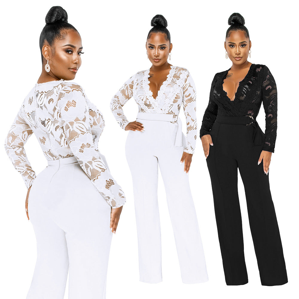 Dame Elegant Jumpsuit med dyb V-udskæring og spidsedetaljer Stilla