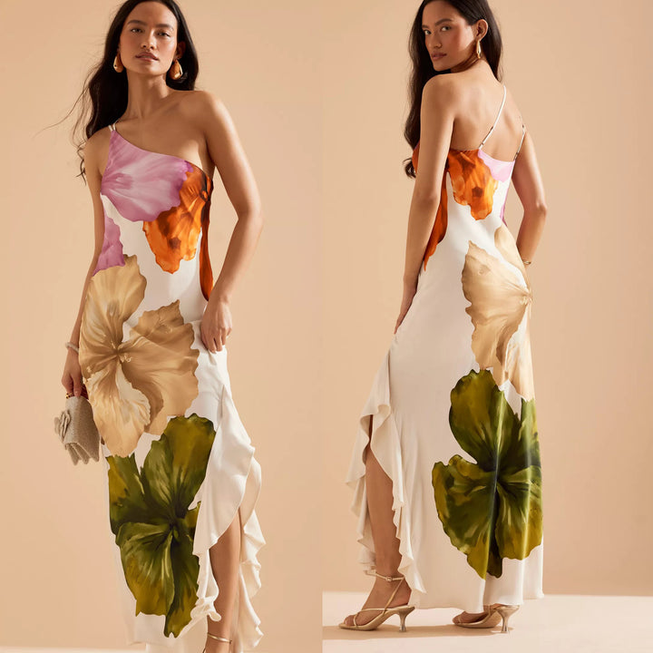 Dame One-Shoulder Maxikjole med blomsterdesign og elegant flæsekant Stilla