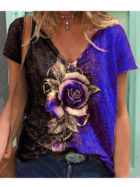 Dame Kunstnerisk Blomster Grafik V-Udsnit T-Shirt Stilla