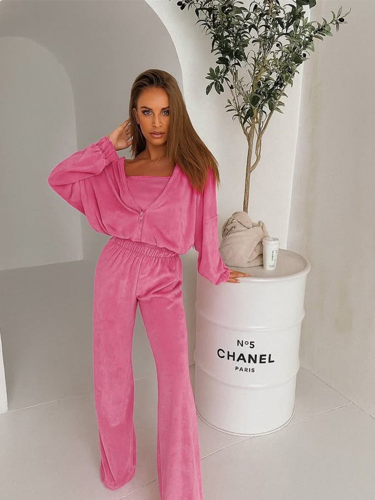 Damer Elegant Fleece Loungewear Sæt med Løs Top og Behagelige Bukser Skovae