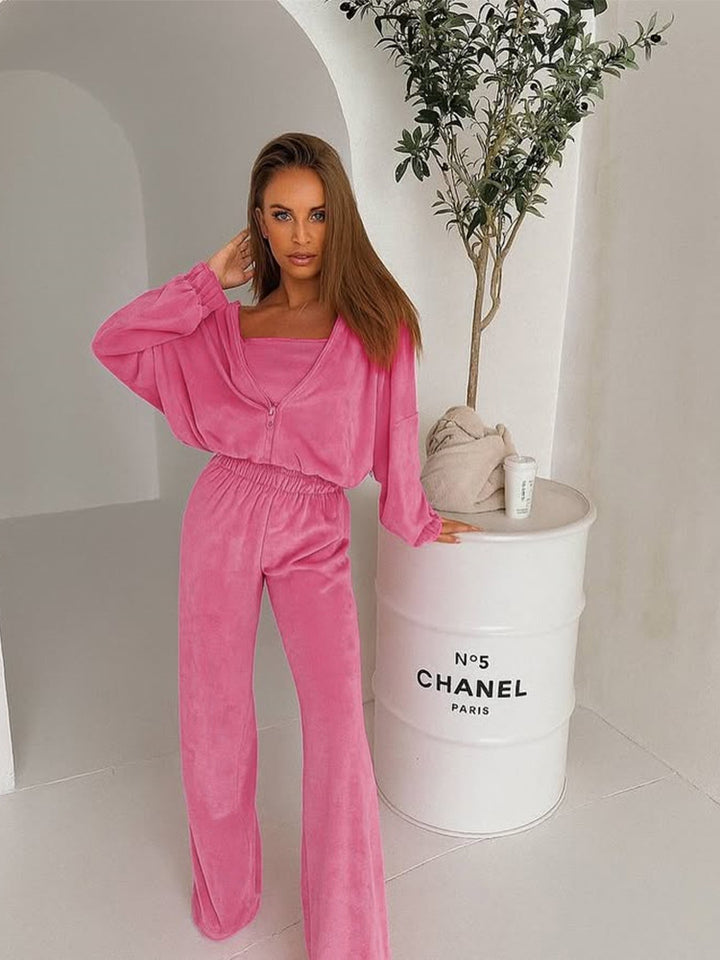 Damer Elegant Fleece Loungewear Sæt med Løs Top og Behagelige Bukser Skovae