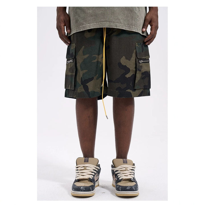 Herren nan Cargo Shorts i camouflage ripstop med elastisk liv, snortræk og lynlåslommer Skovae
