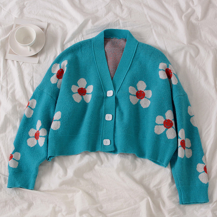 Kvinders chunky strik cardigan med blomstermønster og knapdetaljer Stilla