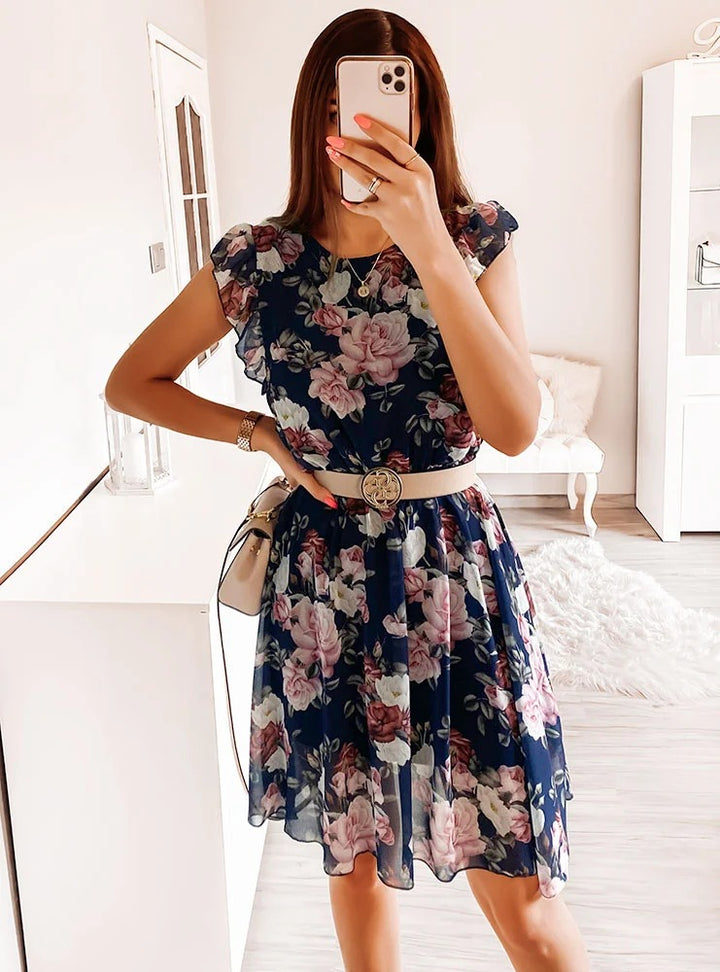 Dame Floral Cap Ærme Midi Kjole Stilla