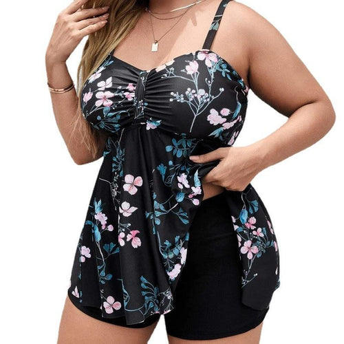 Dame sportligt tankini-sæt med blomstret top og shorts Skovae