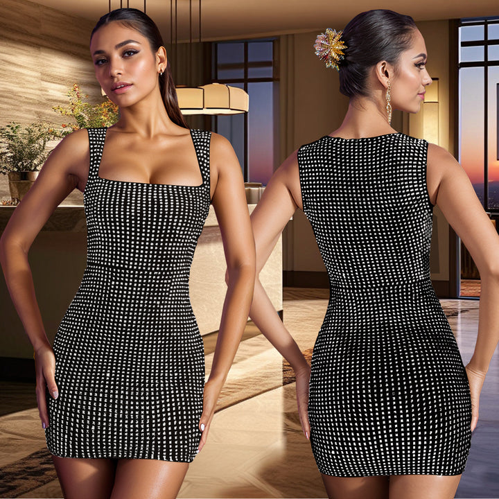 Damer Smart Bodycon Minikjole med kvadratisk U-hals og fine Rhinestone-detaljer Stilla